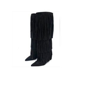 NWT Zara FRINGED HEELED LEATHER KNEE HIGH BOOTS